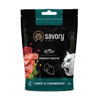 Хрумкі ласощі Savory для здорового росту кошенят, індичка з журавлиною, 50 г, 50 г, Ласощі, Кошенята, Для росту і розвитку, Індичка, Холістік, 27грн
