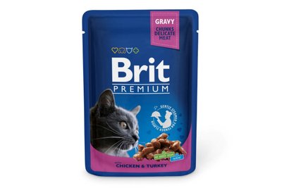 Вологий корм для котів Brit Premium Cat pouch 100 г з куркою та індичкою (пауч), 100 г, Корм вологий, Дорослі, Основний корм, Курка, Преміум, 27грн