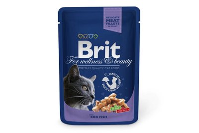 Влажный корм для котов Brit Premium Cat pouch 100 г с треской (пауч), 100 г, Корм влажный, Взрослые, Основной корм, Треска, Премиум, 27грн, BRIT