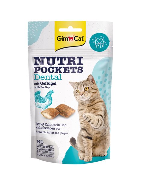 Витаминные лакомства для кошек GimCat Nutri Pockets Dental 60 г (для гигиены полости рта), 60 г, Лакомства, Взрослые, Для здоровья зубов и костей, Домашняя птица, Супер премиум, 98грн