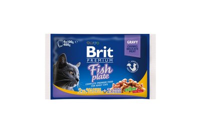 Влажный корм для котов Brit Premium Cat набор рыбных паучей 4 шт х 100 г рыбная тарелка, 4 пауча, Корм влажный, Взрослые, Основной корм, Треска, Премиум, 101грн