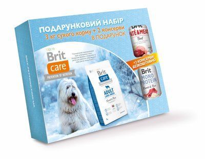 Подарунковий набір кормів "Brit Care Adult Large Breed Lamb and Rice, 3 кг + 2 консерви", 3 кг+2 консерви, Корм сухий, Дорослі, Основний корм, Ягня, Супер преміум, 141грн