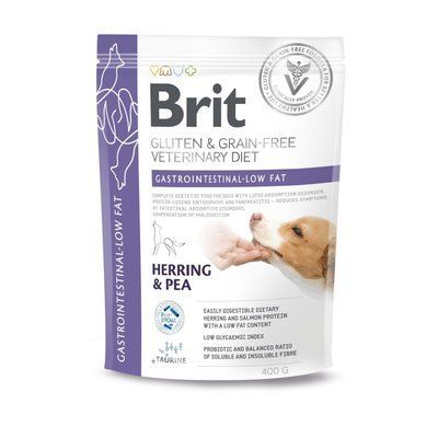 Brit GF Veterinary Diets Gastrointestinal-Low Fat Сухой корм для собак при нарушениях пищеварения с низким содержанием жира, с селедкой, 400 г, Корм сухой, Взрослые, С чувствительным пищеварением, Сельдь, Ветеринарная диета, 80грн