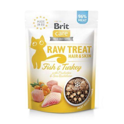 Ласощі для котів Brit Raw Treat Hair & Skin Freeze-dried з рибою та індичкою, 40 г, 40 г, Ласощі, Для здоров'я шкіри та шерсті, Риба, 59грн