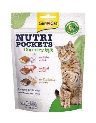 Вітамінні ласощі для котів GimCat Nutri Pockets Кантрі мікс 150 г (повсякденний), 150 г, Ласощі, Дорослі, Для збагачення вітамінами, На основі м'яса, Супер преміум, 164грн