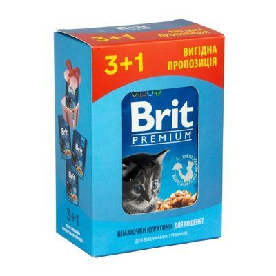 Набор паучей "3+1" для котят Brit Premium Cat pouch Chicken Chunks for Kitten с курицей, 4х100г, 4 х 100 г, Корм влажный, Котята, Основной корм, Курица, Премиум, 18грн