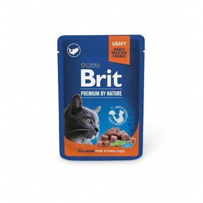 Влажный корм Brit Premium Cat pouch для стерилизованных кошек, лосось, 100 г, 100 г, Корм влажный, Взрослые, Для стерилизованных, Лосось, Премиум, 7грн