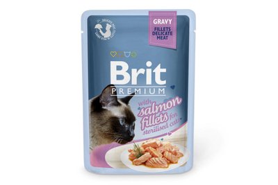 Влажный корм для стерилизованных котов Brit Premium Cat pouch 85 г филе лосося в соусе (пауч), 85 г, Корм влажный, Взрослые, Для стерилизованных, Лосось, Премиум, 32грн