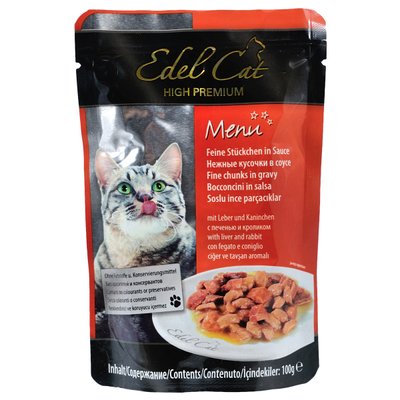 Вологий корм для котів Edel Cat pouch 100 г (печінка та кролик в соусі), 100 г, Корм вологий, Дорослі, Основний корм, Кролик, Преміум, 34грн