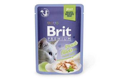 Вологий корм для котів Brit Premium Cat pouch 85 г філе форелі в желе (пауч), 85 г, Корм вологий, Дорослі, Основний корм, Форель, Преміум, 32грн