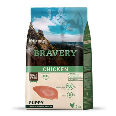 Bravery Puppy Large & Medium Chicken Сухий корм з куркою для цуценят середніх та великих порід, 4 кг, Корм сухий, Цуценята, Основний корм, Курка, Супер преміум, 1153грн