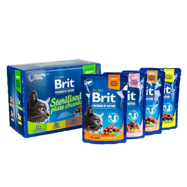 Влажный корм Brit Premium Cat Набор паучей семейная тарелка для стерилизованных кошек, ассорти 4 вкуса, 100 г х 12 шт, 4 х 100 г, Корм влажный, Взрослые, Для стерилизованных, Асорти, Премиум, 91грн