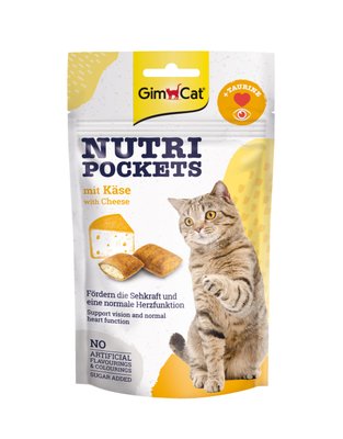 Вітамінні ласощі для котів GimCat Nutri Pockets Сир + Таурин 60 г (для очей та сердця), 60 г, Ласощі, Дорослі, Для збагачення вітамінами, Сир, Супер преміум, 95грн