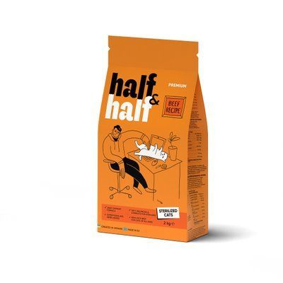 Сухой корм для стерилизованных котов Half&Half Sterilized - говядина, 2кг, Корм сухой, Взрослые, Для стерилизованных, Говядина, Премиум, 95грн