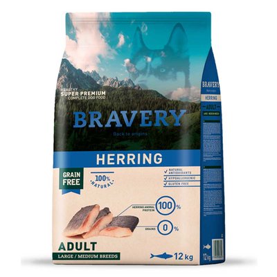 Bravery Adult Large & Medium Herring Сухий корм з оселедцем для собак середніх та великих порід, 4 кг, Корм сухий, Дорослі, Основний корм, Оселедець, Супер преміум, 1204грн