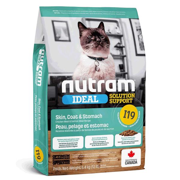 Nutram Ideal Skin Coat & Stomach I19 Холістік корм для кішок з чутливим травленням, 340 г, Корм сухий, Дорослі, З чутливим травленням, Курка, Холістік, 220грн