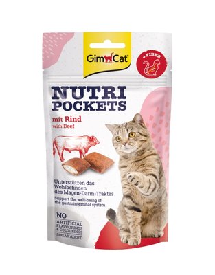 Вітамінні ласощі для котів GimCat Nutri Pockets Яловичина + Солод 60 г (для чутливого травлення), 60 г, Ласощі, Дорослі, З чутливим травленням, Яловичина, Супер преміум, 95грн