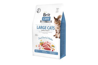 Сухий гіпоалергенний корм для великих порід котів Brit Care Cat GF Large cats Power & Vitality з качкою і куркою, 400 г, Корм сухий, Дорослі, Основний корм, Качка, Супер преміум, 191грн