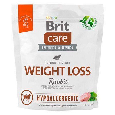 Сухий корм для собак із зайвою вагою Brit Care Dog Hypoallergenic Weight Loss| (кролик), 1 кг, Корм сухий, Дорослі, При надмірній вазі, Кролик, Супер преміум, 97грн