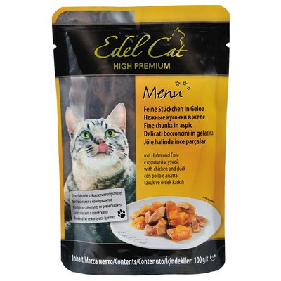 Вологий корм для котів Edel Cat pouch 100 г (курка та качка в желе), 100 г, Корм вологий, Дорослі, Основний корм, Курка, Преміум, 36грн