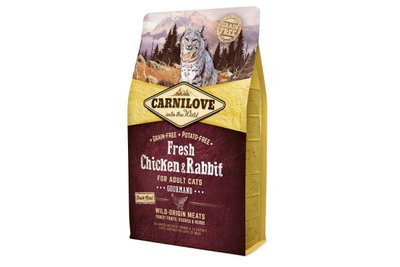 Сухий корм холістік для дорослих кішок Carnilove Fresh Chicken & Rabbit Gourmand for Adult cats зі свіжим м'ясом курки і кролика, 400 г, Корм сухий, Дорослі, Основний корм, Курка, Холістік, 296грн