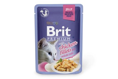 Вологий корм для котів Brit Premium Cat pouch 85 г філе курки в желе (пауч), 85 г, Корм вологий, Дорослі, Основний корм, Курка, Преміум, 32грн
