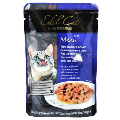 Вологий корм для котів Edel Cat pouch 100 г (лосось та форель соусі), 100 г, Корм вологий, Дорослі, Основний корм, Лосось, Преміум, 36грн