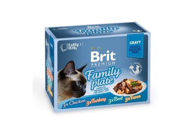 Вологий корм для котів Brit Premium Cat набір паучів 12 шт х 85 г сімейна тарілка в соусі, 12 паучів, Корм вологий, Дорослі, Основний корм, Курка, Преміум, 340грн