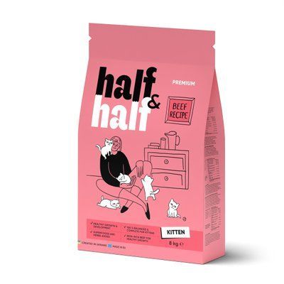 Сухий корм для кошенят Half&Half Kitten - яловичина, 8 кг, Корм сухий, Кошенята, Основний корм, Яловичина, Преміум, 314грн
