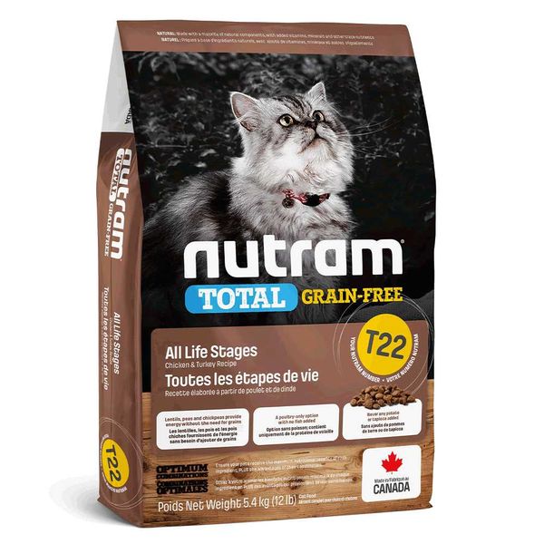 Nutram Total Grain-Free T22 Холистик беззерновой корм для кошек с курицей и индейкой, 340 г, Корм сухой, все стадии жизни, Основной корм, Индейка, Холистик, 237грн