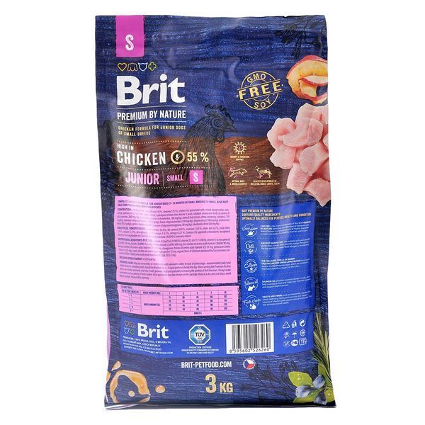 Сухой корм для щенков и юниоров мелких пород весом до 10 кг Brit Premium Dog Junior S с курицей, 3 кг, Корм сухой, Щенок, Основной корм, Курица, Премиум, 179грн