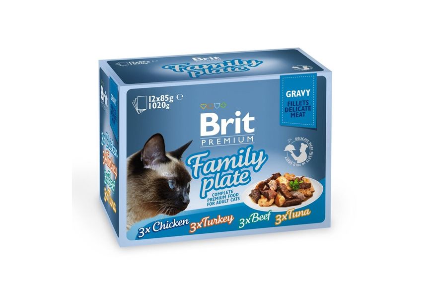 Влажный корм для котов Brit Premium Cat набор паучей 12 шт х 85 г семейная тарелка в соусе, 12 паучей, Корм влажный, Взрослые, Основной корм, Курица, Премиум, 340грн