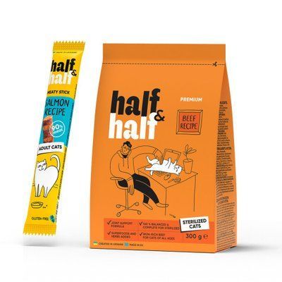 АКЦИЯ HalfHalf - Корм сухой для стерилизованных кошек с говядиной 300 г + Лакомство мясные палочки для кошек с лососем 5 г, 300 г, Корм сухой, Взрослые, Для стерилизованных, Говядина, Премиум, 15грн